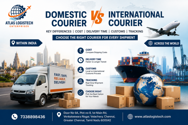 Domestic Courier vs International Courier comparison banner by Atlas Logistech Enterprises showing shipping, delivery, customs, and tracking services.