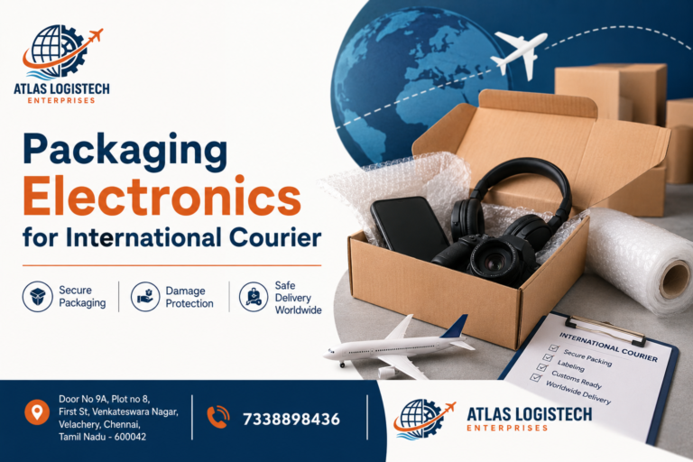 Packaging electronics for international courier with secure packing materials, Atlas Logistech Enterprises branding, worldwide shipping services from Chennai.